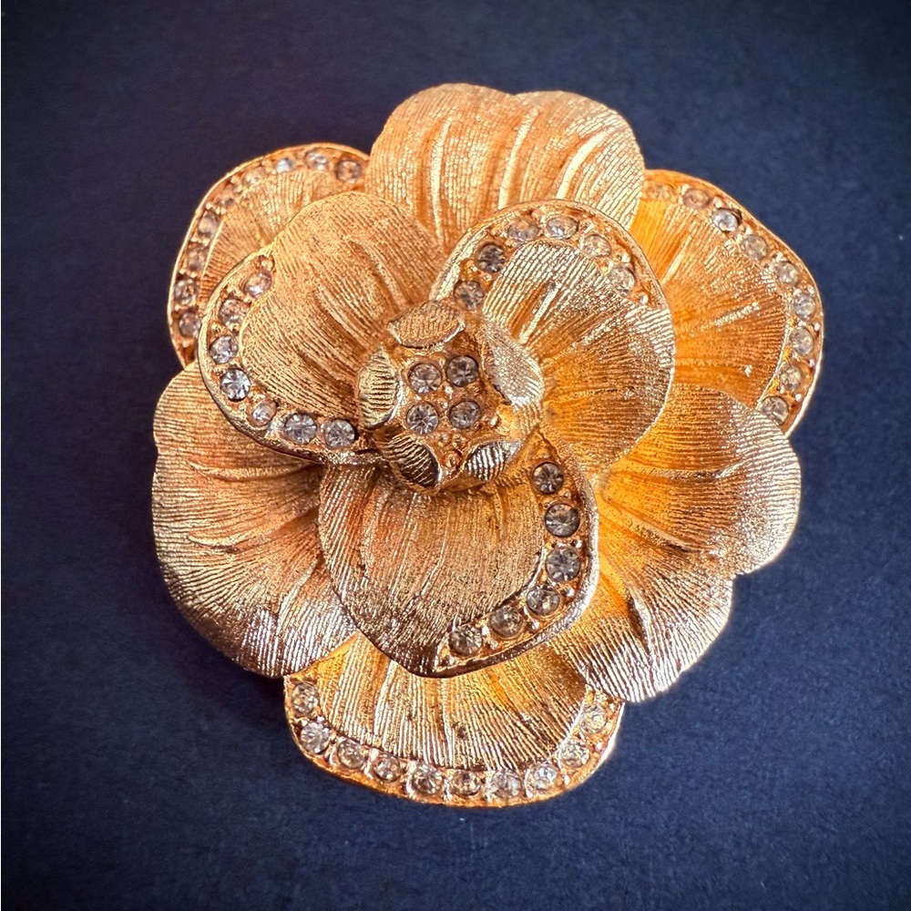 Christian Dior Camellia Brooch - Gold Plated -  Pavé-Set Crystals - Vintage